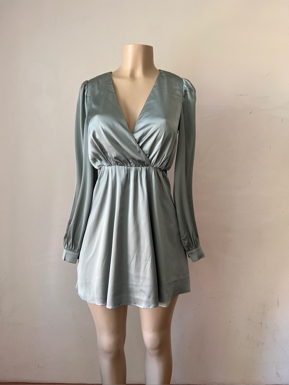 Satin Sage Green Mock Wrap Dress With Long Billowed Sleeves